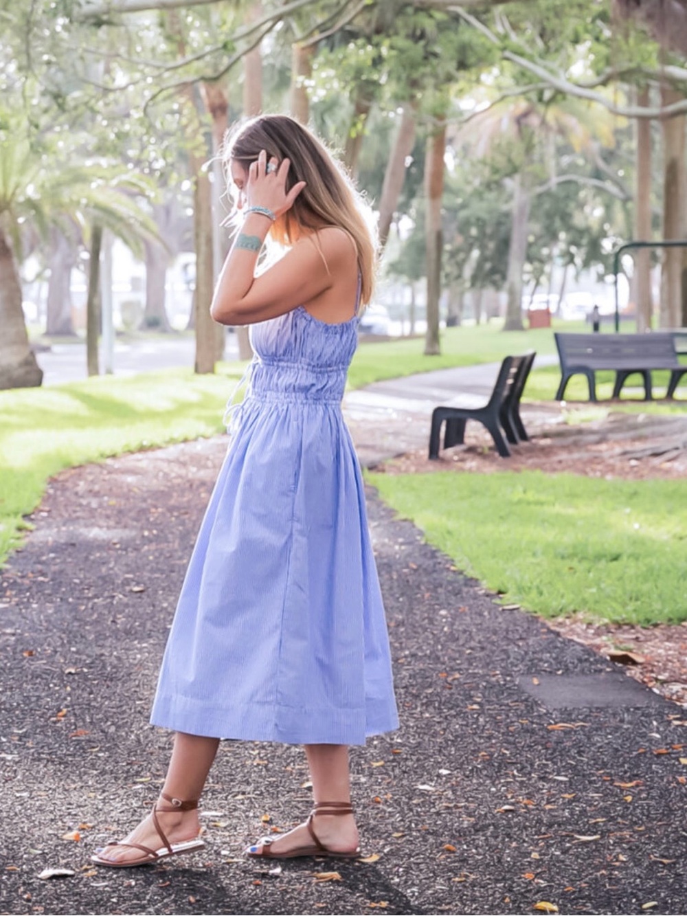 Free Assembly Blue White Striped Smocked Midi Dress Size XS Pockets